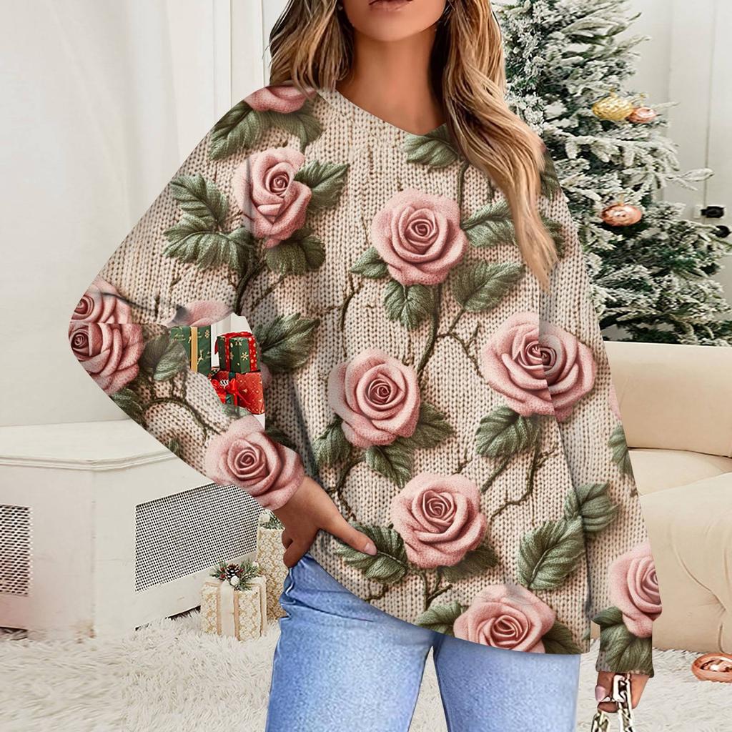 Женская повседневная свободная толстовка с цветочным принтом в полоску и градиентом, с круглым вырезом и длинными рукавами