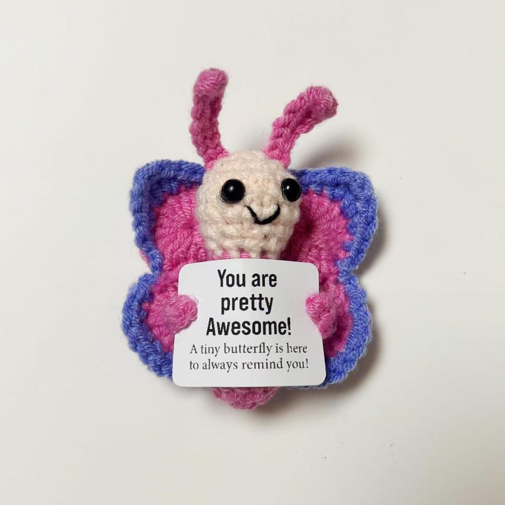 Funny Crochet Positive Emotional Support Butterfly Doll Home Room Decoration Handmade Knitted Butterfly Desktop Ornament Gift