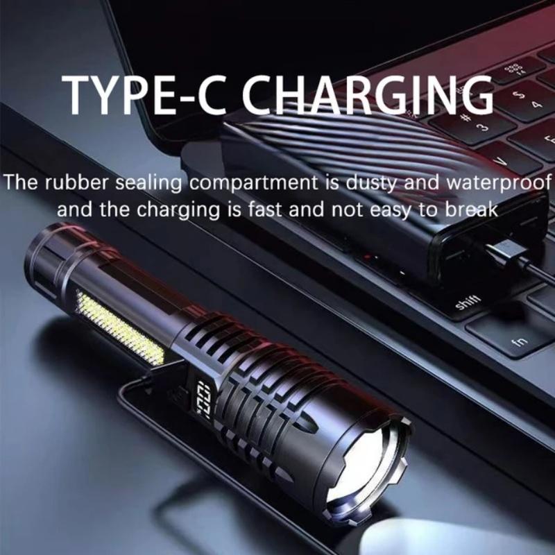Мощный светодиодный фонарик, перезаряжаемый фонарик с боковым светом, супер яркий дальний свет для кемпинга и пешего туризма