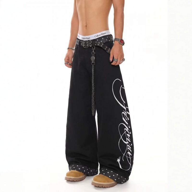 Unisex Wide-Leg Gothic Streetwear Denim Pants With Letter Print Polka Dot Patchwork Design