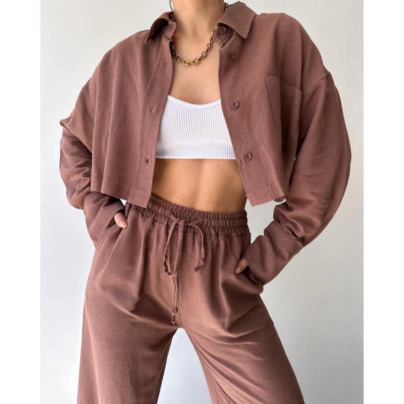 Комплект рубашки с длинным рукавом и брюк на кулиске однотонного цвета, европейский и американский стиль, 2025 год