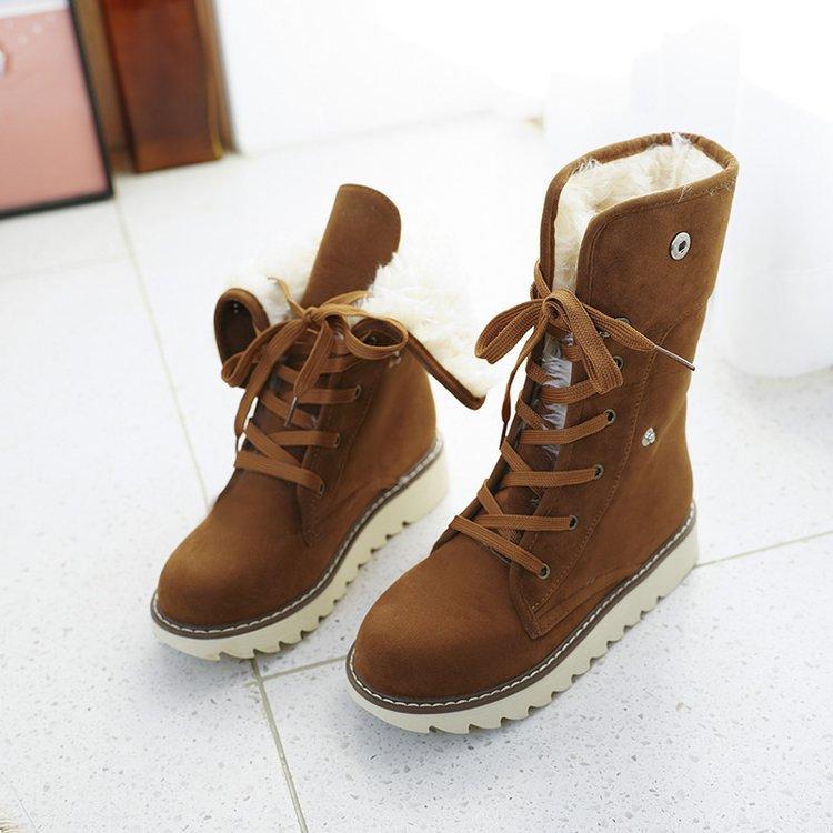 Snow Boots Women Suede Furry Solid Color Round Toe Lace Up Flat Cotton Shoes Winter Casual Plush Fur Warm Platform Ankle Boots