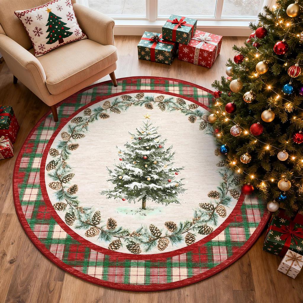 Round Area Rug Washable Circle Rugs for Living Room Low-Pile Christmas Tree Print Holiday Checkered Carpet Home Decor