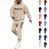 Men's Casual Solid Color Letter-printed Sweatshirt Set, Men's Fleece Hooded Drawstring Sweatshirt And Sweatpants Two-piece Set