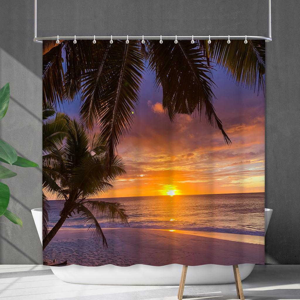 Shower Curtain Waterproof And Mildew-Proof Coconut Tree Beach Beach Bathroom Shower Curtain Shower Curtain Partition Curtain Free Punching
