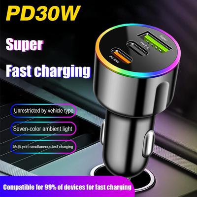 Быстрое автомобильное зарядное устройство 60 Вт PD30 Вт QC3.0 Двойной порт USB C Автомобильное зарядное устройство 7 цветов RGB Атмосферная подсветка Адаптер быстрой зарядки Для мобильного телефона
