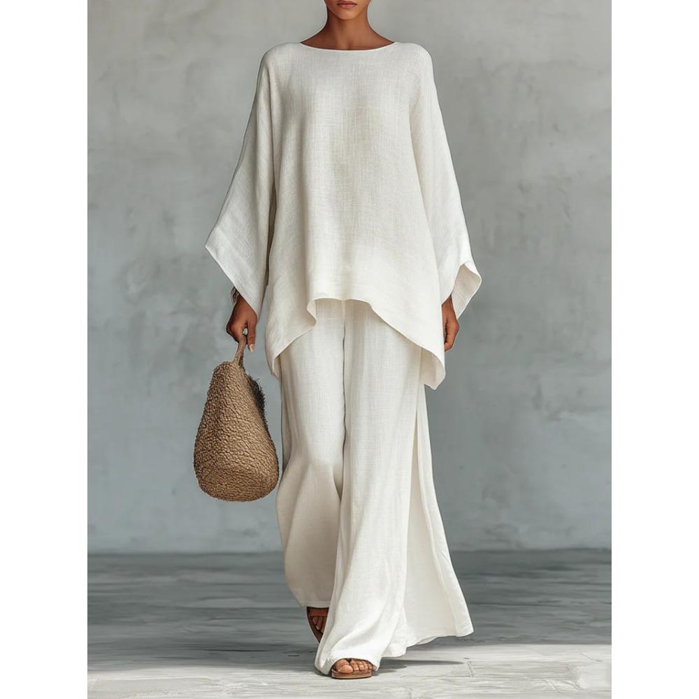 Europe, America, women's simple loose linen blend shirt wide-leg pants set