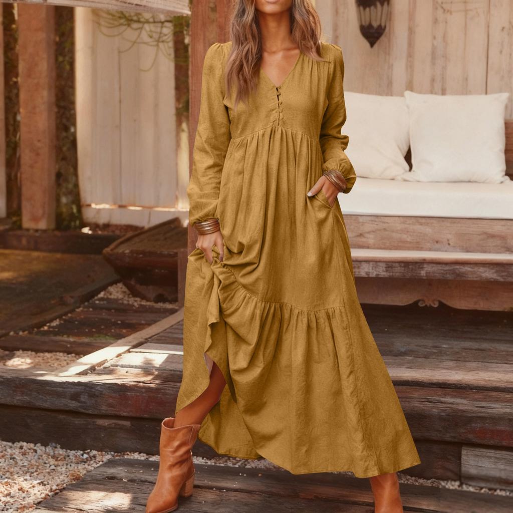 Women's Fashionable Solid Color V-neck Long Sleeved Loose Button Cotton Linen Retro Large Swing Long Casual Dress