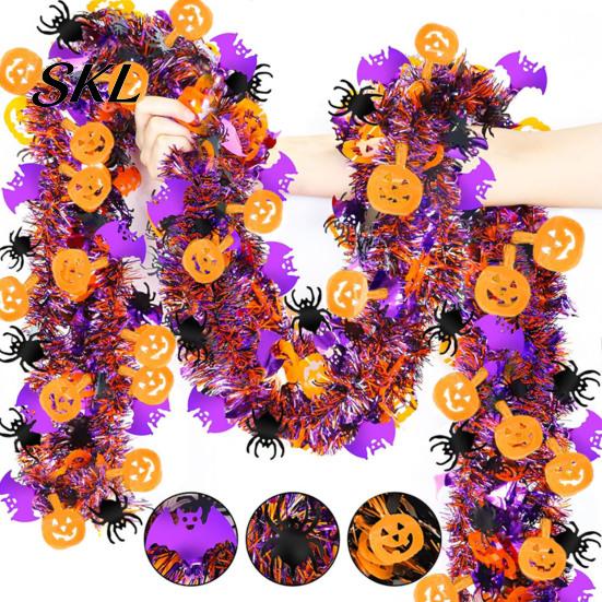 Flexible Iron Wire Tinsel Ribbon 78 Inch Halloween Garland, Shiny Metallic Twist Garland with Orange Pumpkin Encrypted Thick Three Dimensional