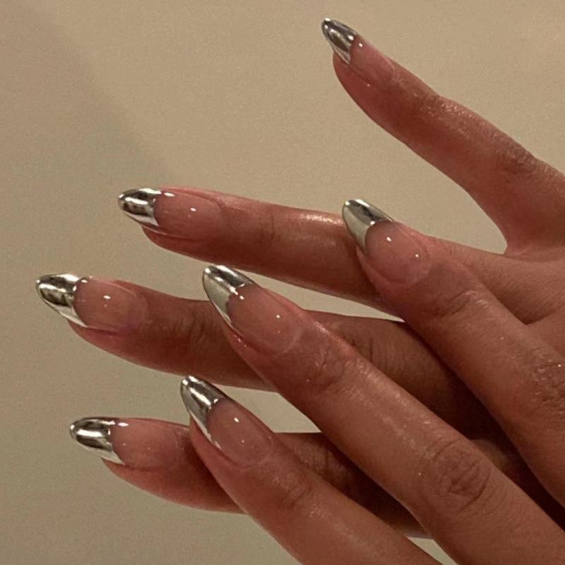 24Pcs Mid Length French Press On Nails Silver Edge Round Almond Shape Reusable False Nails Simple Wearable Manicure Tips