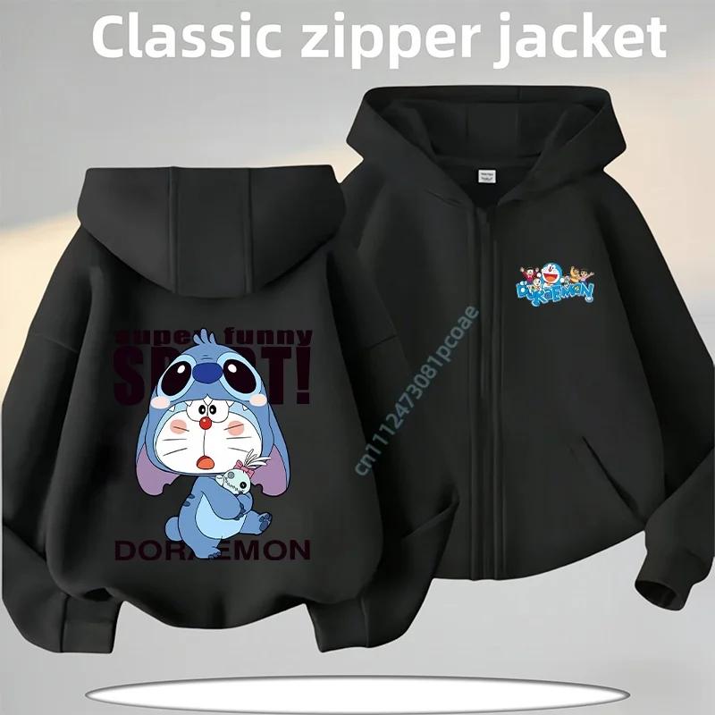 2026 New Doraemon Cartoon Print Children's Zippered Hooded Sweatshirt for Boys, Girls, Casual Top, Autumn-Winter Coat