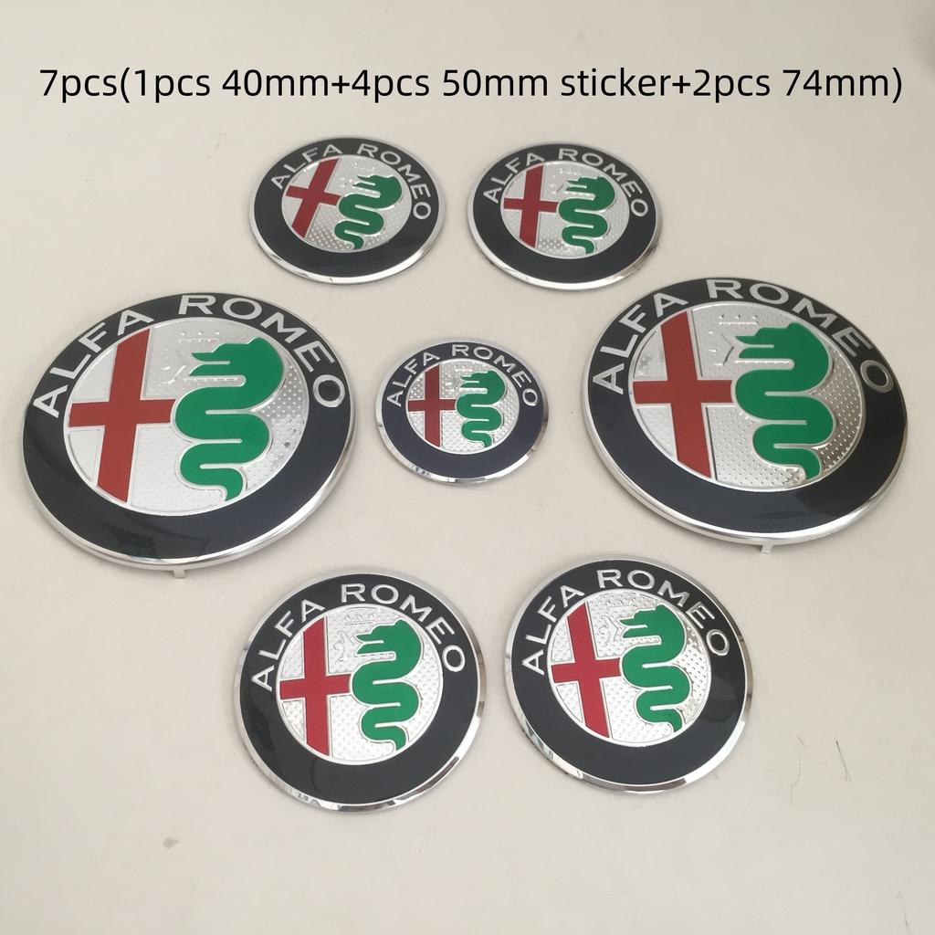 QJDS8 7pcs forAlfa Romeo Car emblem Wheel Cover caps front Hood badge rear Trunk Steering sticker Styling 2x74mm , 4x50mm,1x40mm