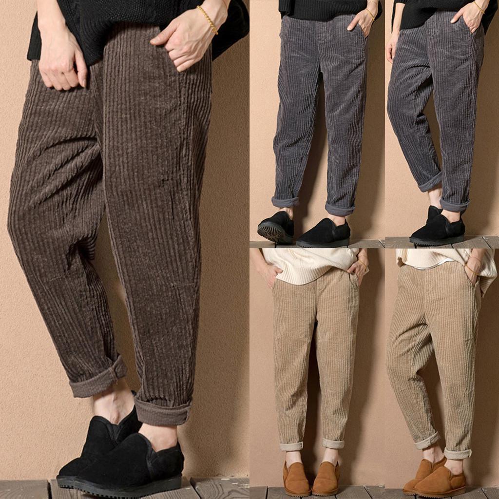 Fashion Plus Size Elastic Waist Corduroy Pocket Pants Long Pants