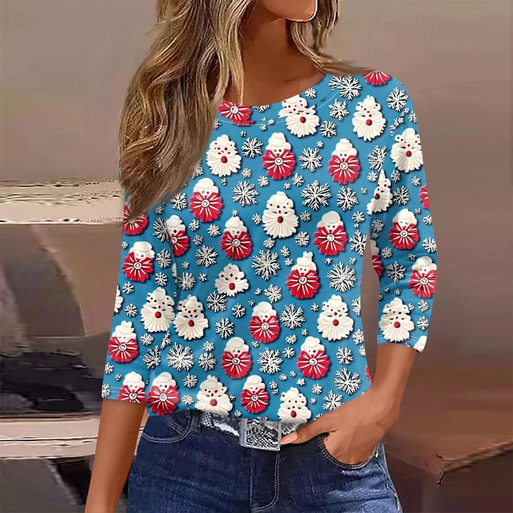 Women's T Shirt Christmas Print 3/4 Sleeve Daily Weekend Fashion Basic Round Neck Regular Top