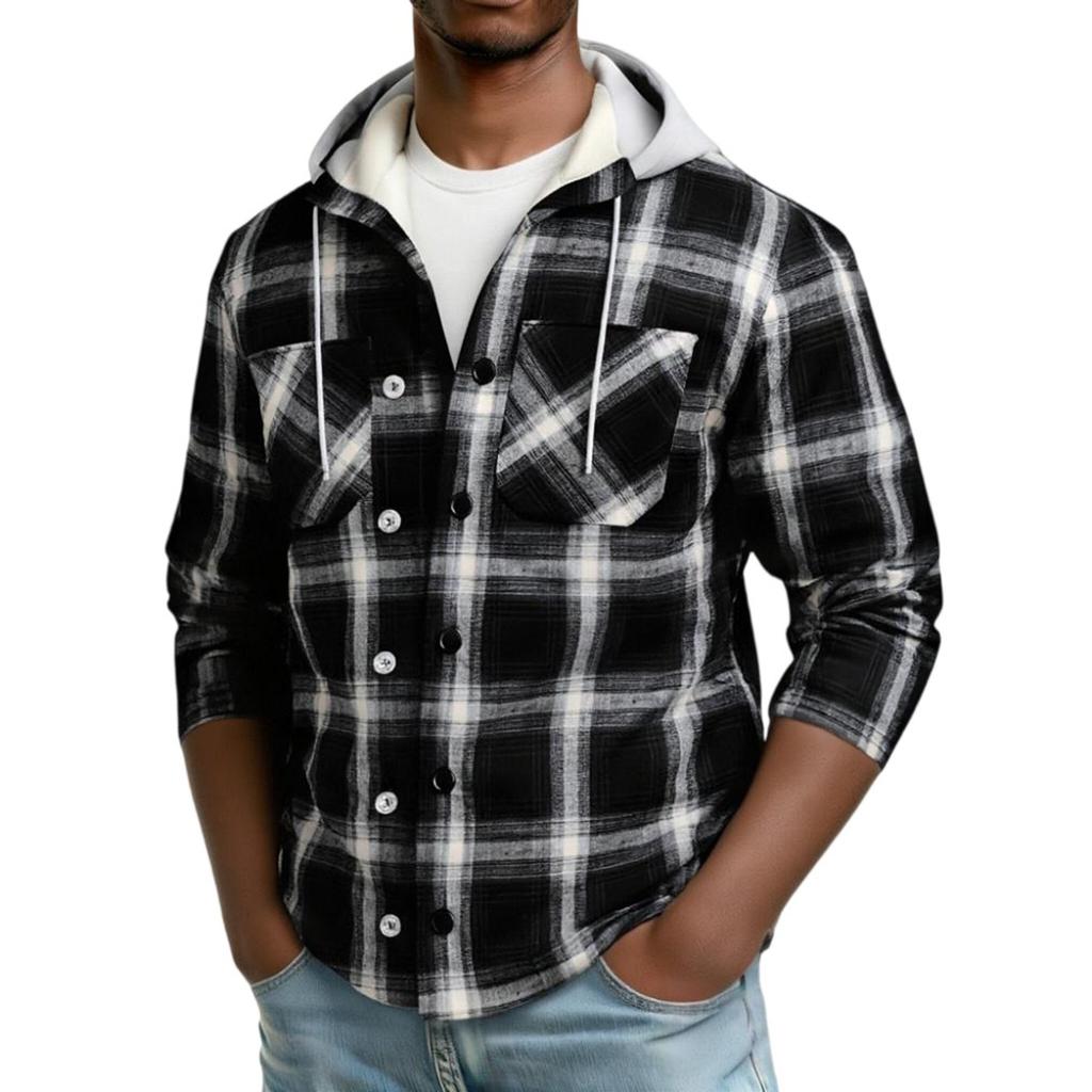 Men's Striped Plaid Casual Loose Button Lapel Long Sleeve Hooded Cardigan Shirt Jacket