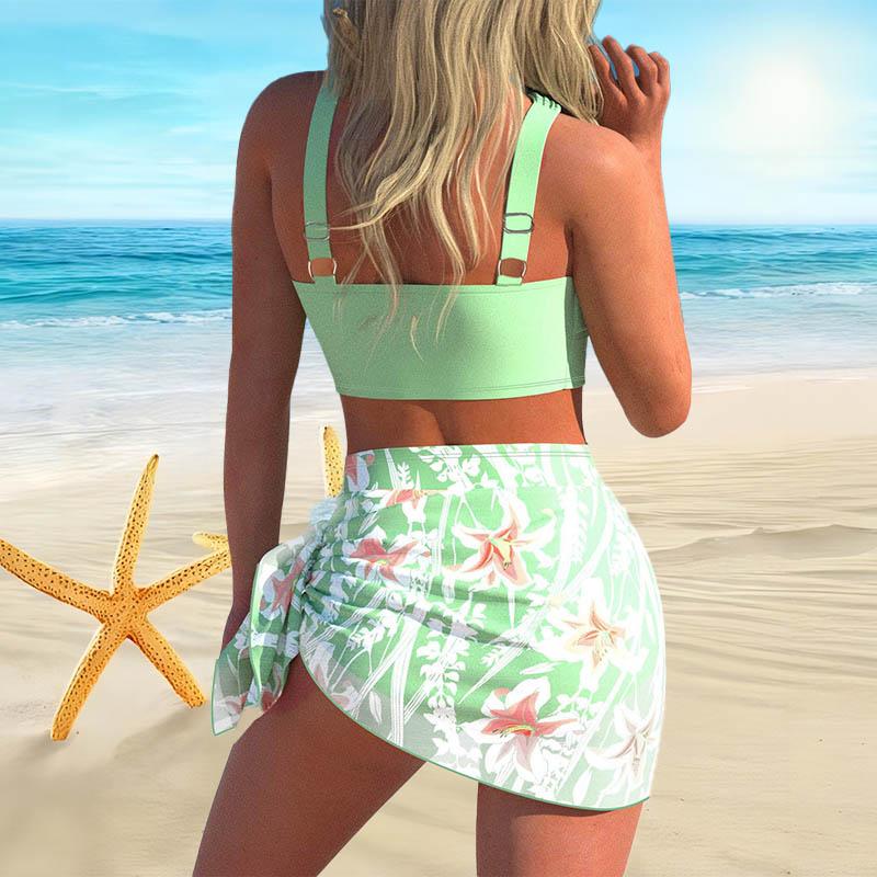 Women's Shoulder Strap Swimsuit Green Summer Printed Bikini Short Tank Top Swimsuit