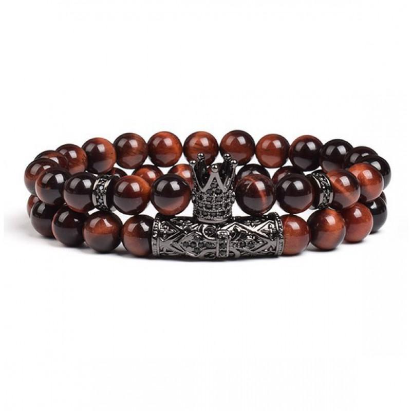 2pcs 8mm Red Tiger Eye Micro Pave Crown Beads Stretch Bracelet Unisex Hand Jewelry
