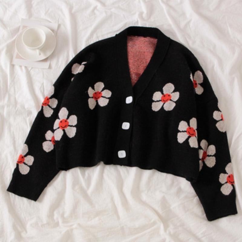 Flower Print Knitted Cardigan Jacket Women Loose V-neck Autumn Single Breasted Cardigans Sweater Winter Tops Long Sleeve Vintage Crop Knitwears 24928