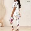 Women Plus Size White Printed Round Neck Short Sleeve Longline Top And Long Pants Two Piece Set
