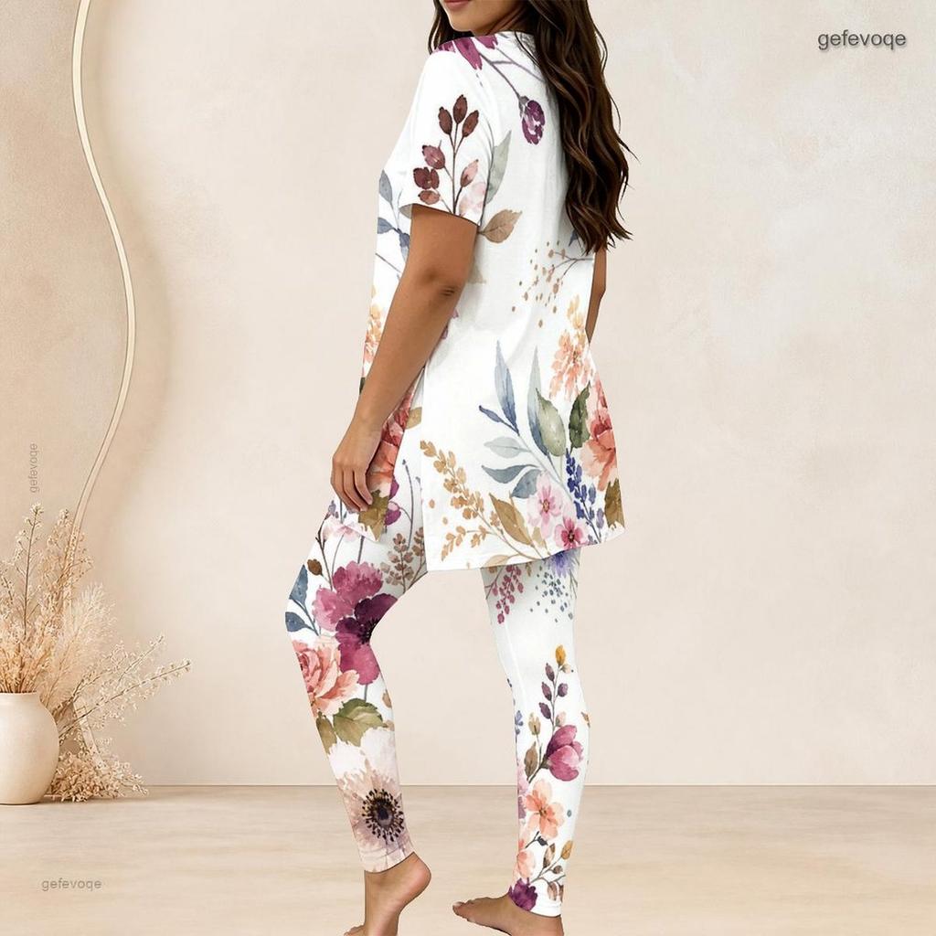 Women Plus Size White Printed Round Neck Short Sleeve Longline Top And Long Pants Two Piece Set