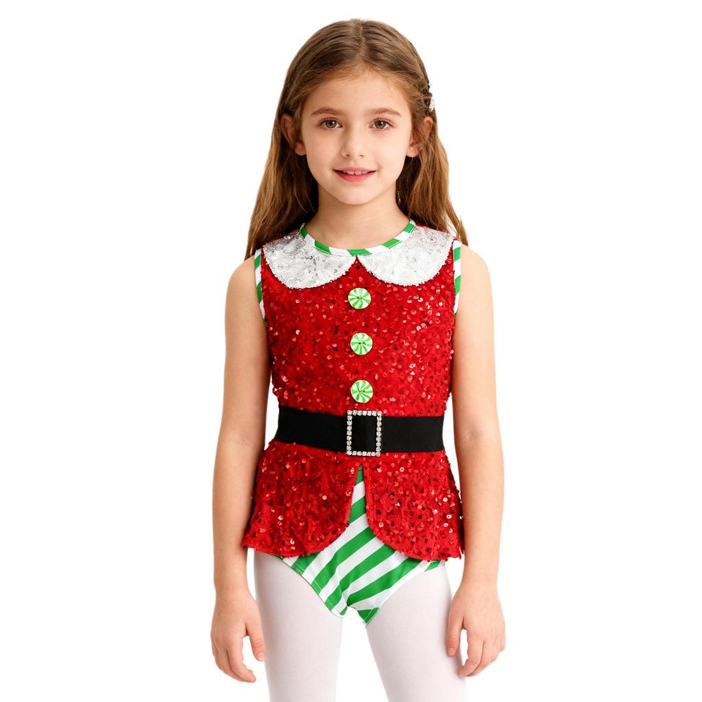 Kids Girls Christmas Santa Elf Costumes Candy Cane Striped Sequins Dance Leotard Xmas Skating Bodysuit