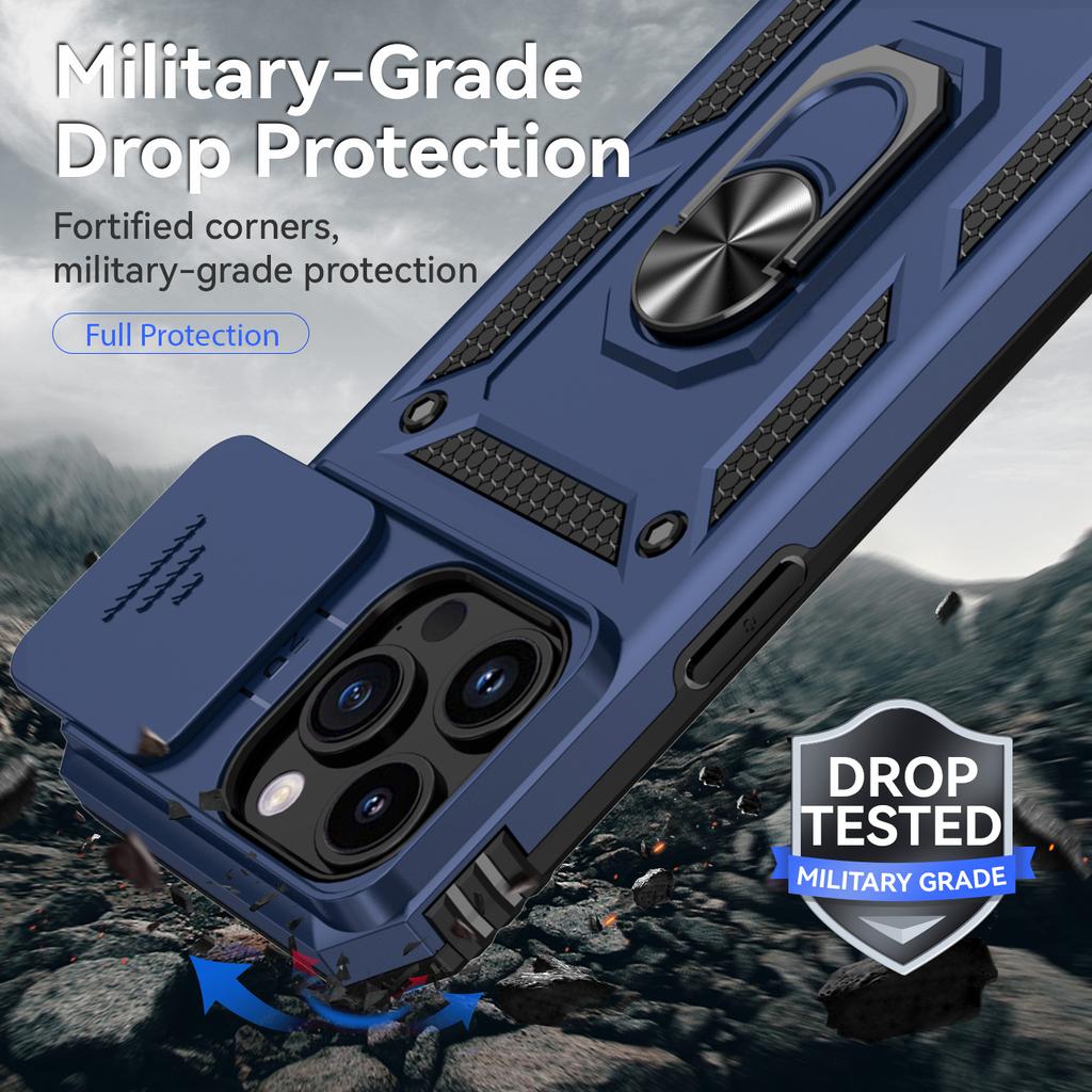 For iPhone 15 Pro Max Slide Camera Protector Phone Case Metal Ring Kickstand Anti-scratch PC+TPU Cover