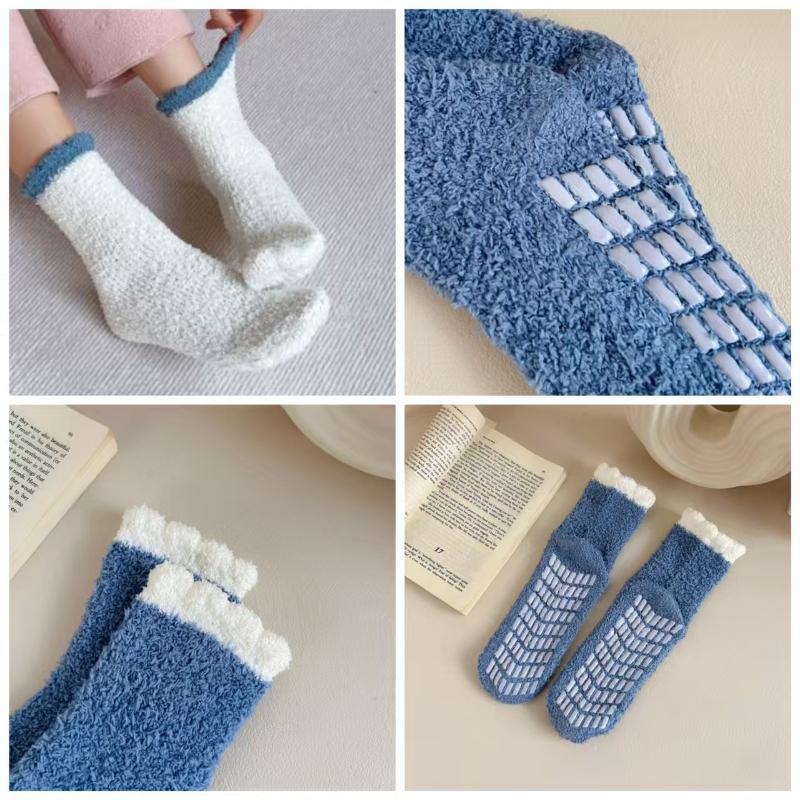 6 Pairs Women's Non-Slip Thermal Fleece Socks Winter Thick Floor Socks Solid Color Mix Soft Polyester One Size Color As Same As The Picture