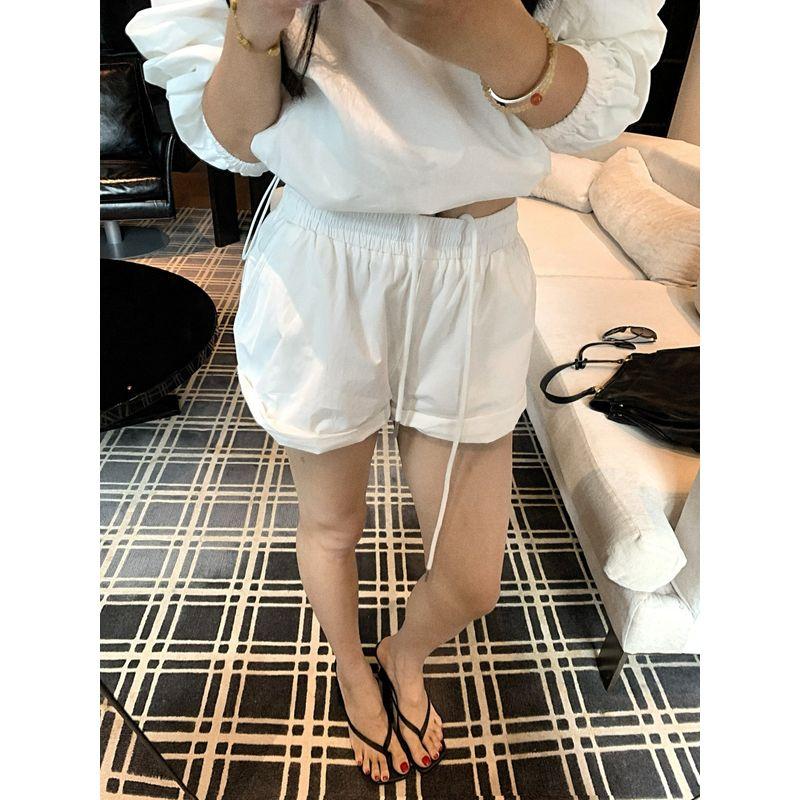 Kumikumi Stylish White Stand Collar Zip Long Sleeve Coat Women's Autumn Slimming Casual Pants Shorts Two-piece Set