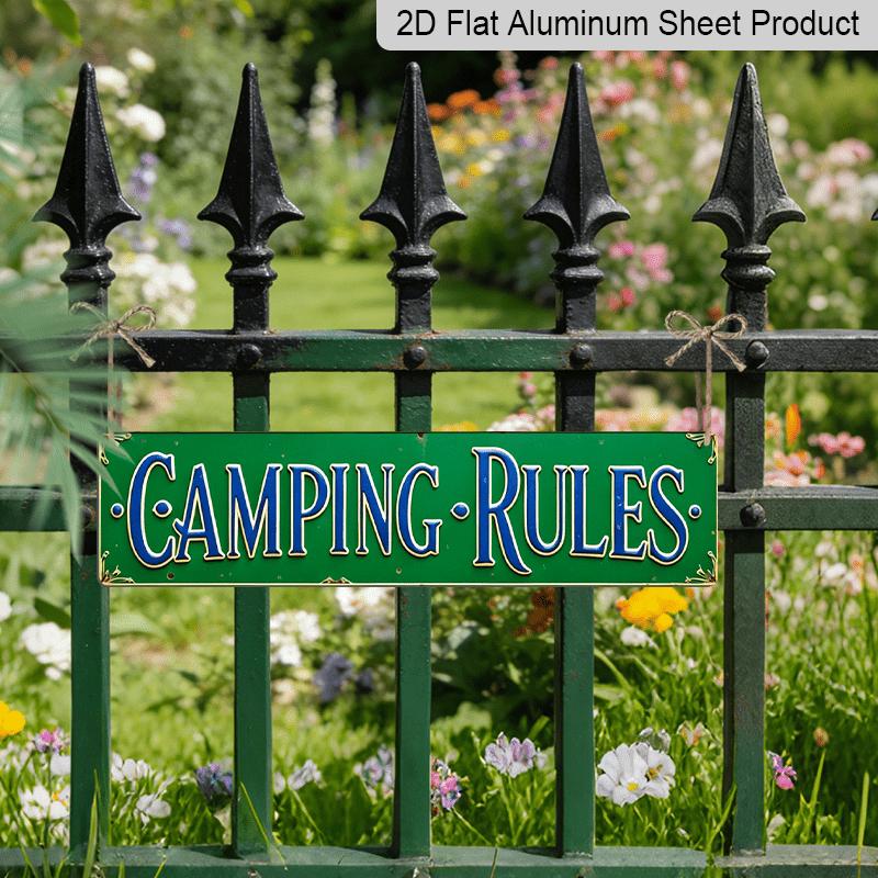 2D Flat, Vintage-Style Metal Wall Sign Aluminium Decorative Sign Says Camping Rules. - Rustic Decor for Home, Office, Cafe, Or Garden - Perfect Gift
