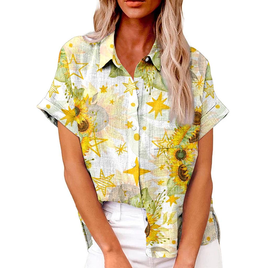 Женская модная свободная повседневная рубашка с коротким рукавом и отворотом на пуговицах, футболка с принтом, топ