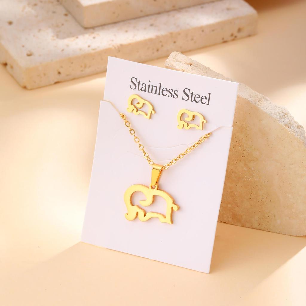 High Quality Stainless Steel Elephant Butterfly Flower Pendant Necklace Stud Earrings Luxury Party Jewelry Set for Women Gift