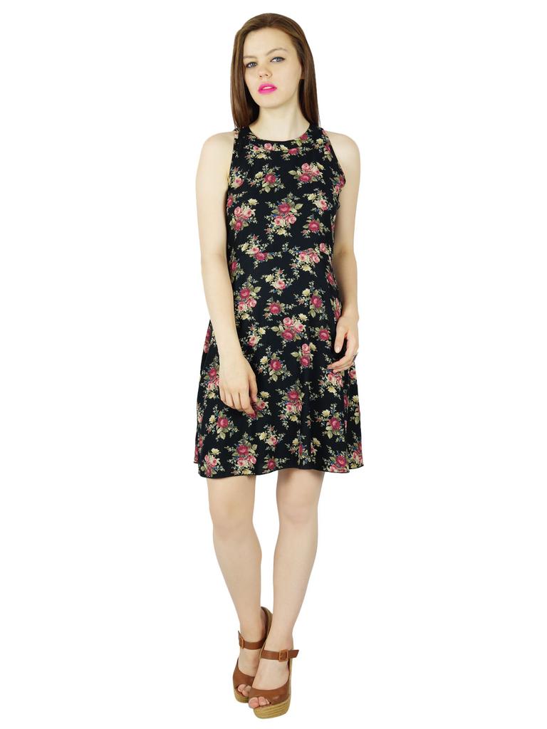 Bimba Women Black Floral Rayon Dress Sleeveless Classic Chic Summer Clothing