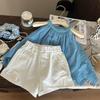 Korean Style Girls' Lace Halter Top & White Shorts Summer Set 2025