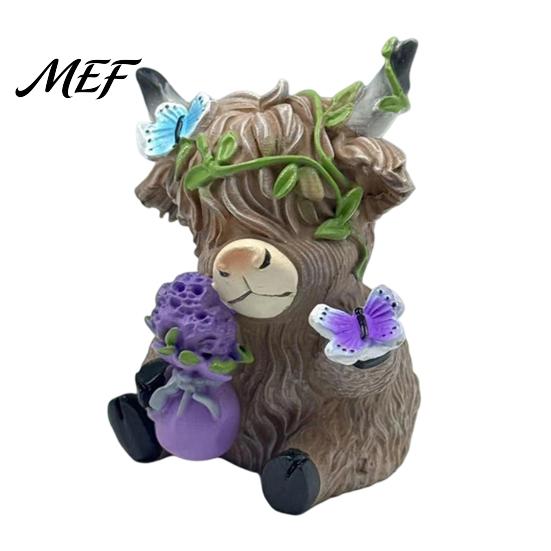 Healing Pastoral Desk Accessories Lavender Highland Cow Resin Figurine, Cute Fluffy with Butterfly Bow & Floral Wreath, Garden Accents Pastel