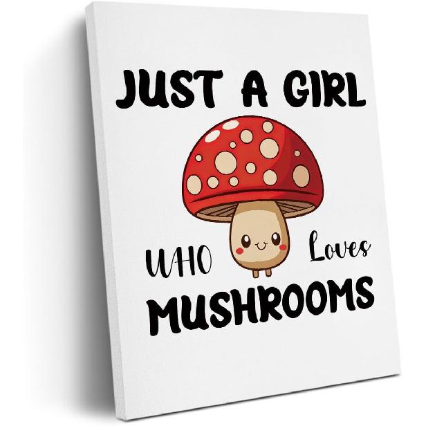 Funny Girl Loves Mushrooms, Mushroom Gifts, Cute Mushroom Lovers Gift, Canvas Wall Art Wall Decor, Aesthetic Prints Painting Artwork for Home