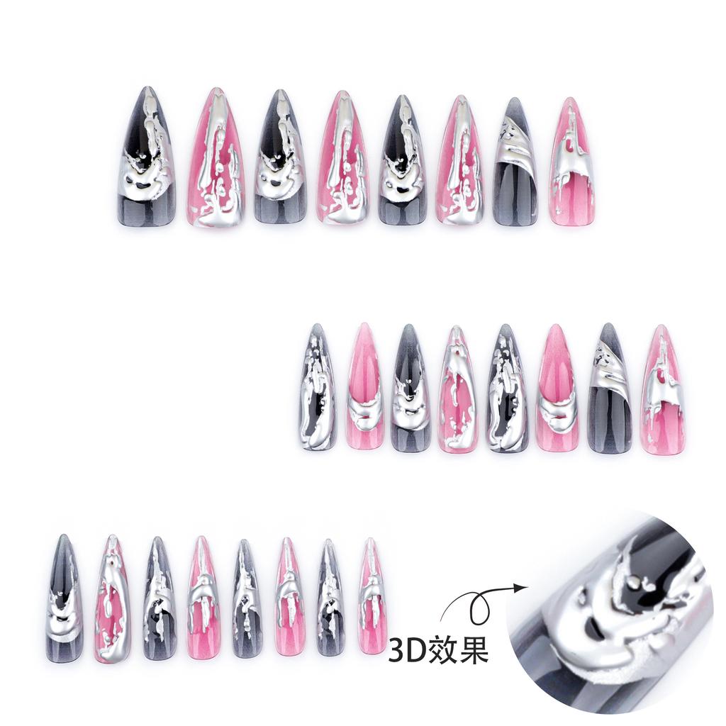 24 Pieces European and American Long Pointed Wearing Nail Smudge Hot Silver 3D Wearable Nail Plate Manicure Fake Nail