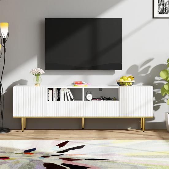 TV Furniture Cabinet Spacious Countertop with 2 Doors Compartments Drawers Golden Entertainment Center Feet Mid Century Modern Stand Living