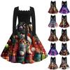 Women's Fashion Retro Long-sleeved Square Collar Christmas Printed Evening Dress