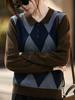 Women's 2025 Autumn/Winter Retro Argyle Patchwork Polo Collar Knitted Sweater - Loose Casual Fit