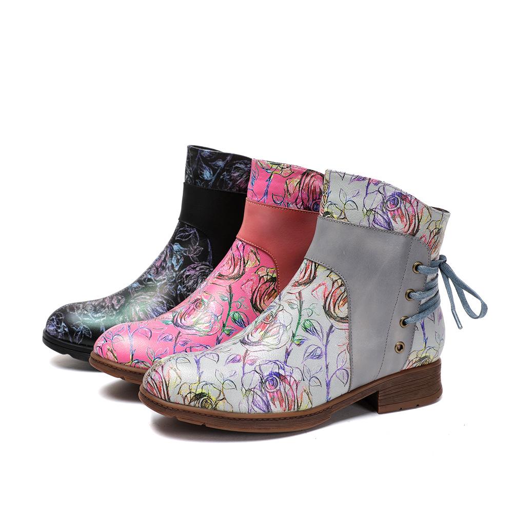 Johnature Genuine Leather Patchwork Printed Ankle Boots Women Shoes Ethnic Style Handmade Round Toe Short Boots