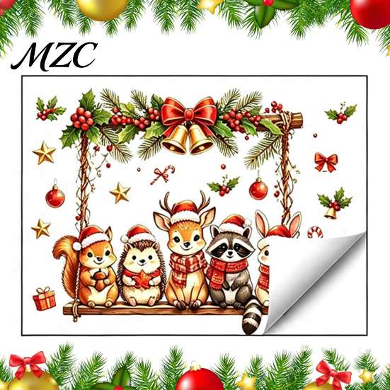 PVC Festive Window Stickers Christmas Animals Decal, Static Cling Removable Sticker, Waterproof Cute Cartoon Animal Clings Deer Bunny on Swing