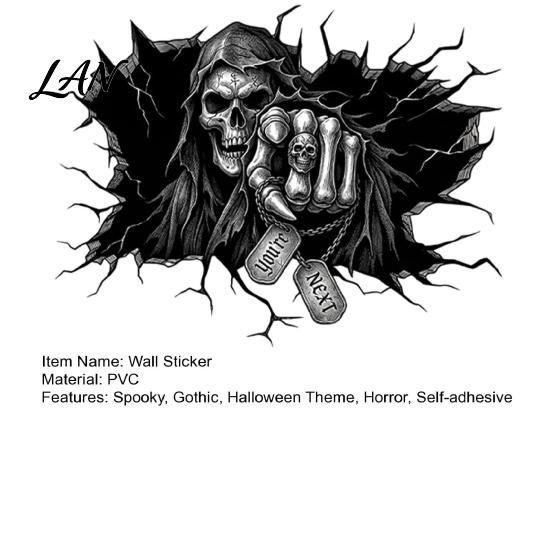 Haunted House Decoration Grim Reaper Wall Sticker, 3D Breaking Through Art Decal, Scary Halloween Decor Skull Mural for Home Bar Pub Party Supplies