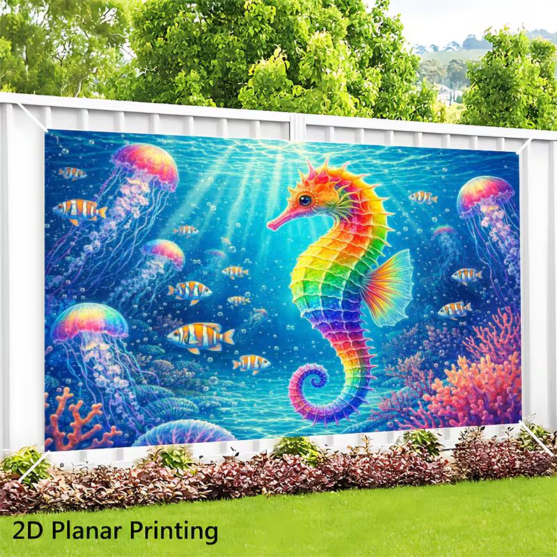 2D Ocean Themed Party Backdrop, Rainbow Seahorse Coral Reef Photo Booth Background Banner