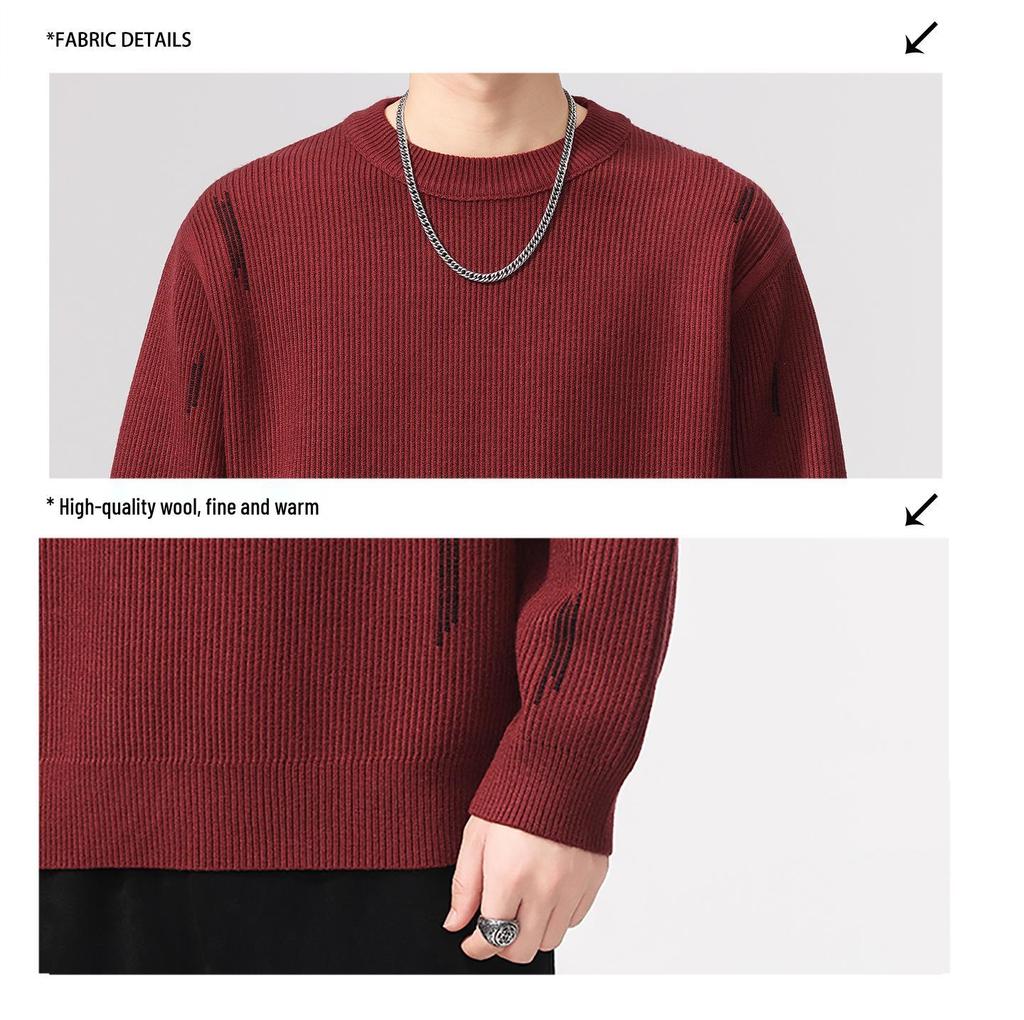 Men's High-End Round Neck Knit Sweater - Black & Red, Warm Autumn/Winter Inner Wear, In Stock with Tags