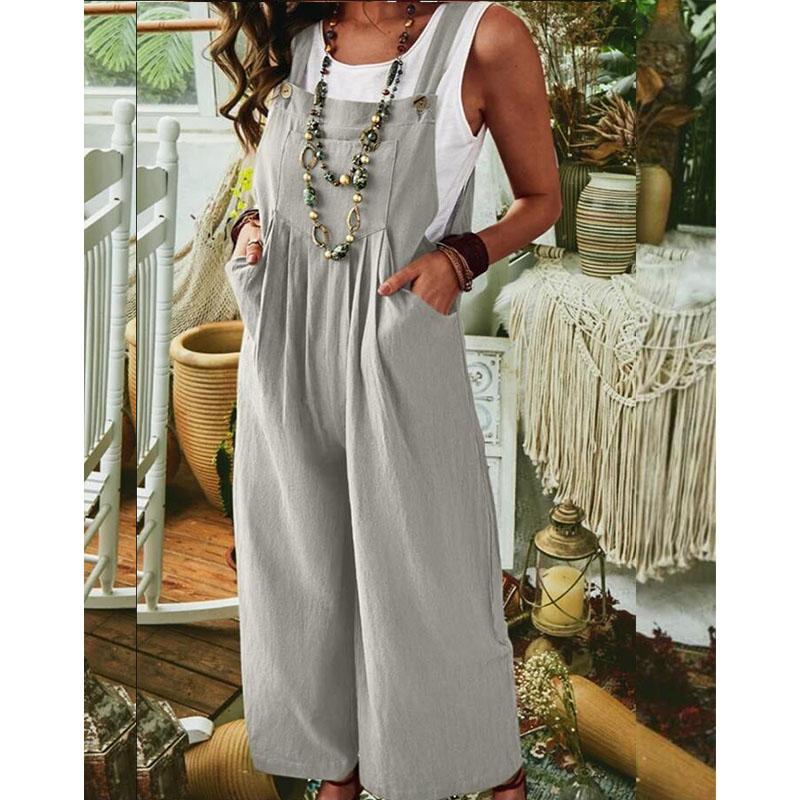 Summer Women's Jumpsuit Thickened Ramie Cotton Solid Color Sleeveless Casual Wide Leg Side Buckle Jumpsuit