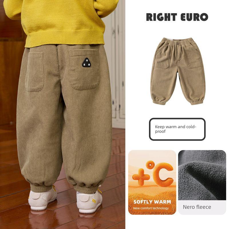 Right European Style Boys' R Series Thickened Trousers with Fleece, Warm Casual Pants, New Winter Children's Clothing for Babies