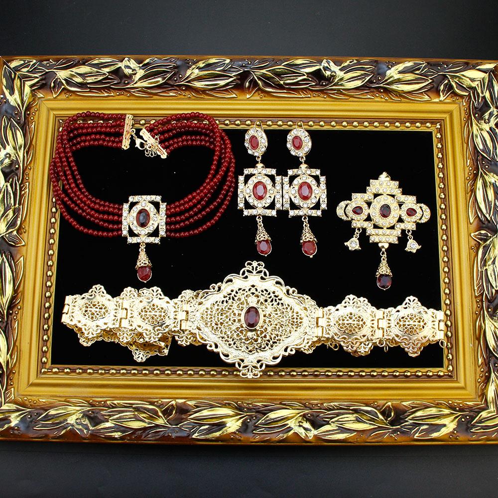 Gold Color Waist Belt Bead Choker Necklace Square Earring Brooch Arabic Bride Jewelry Set For Women