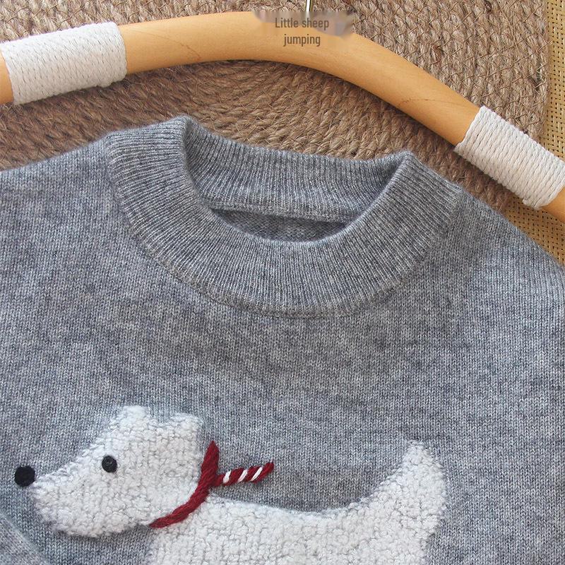 Детский кашемировый свитер Little Lamb с рисунком мультяшной собаки, зимний круглый вырез, утолщенный для тепла