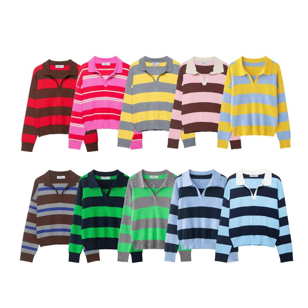 Spring 2026 Women's European & American Striped Lapel Knit Pullover Sweater