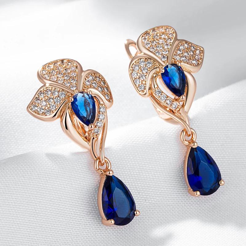 Blue Zircon Flower Dangle Earrings for Women Fashion Golden Earrings Accessories Luxury Costume Jewelry